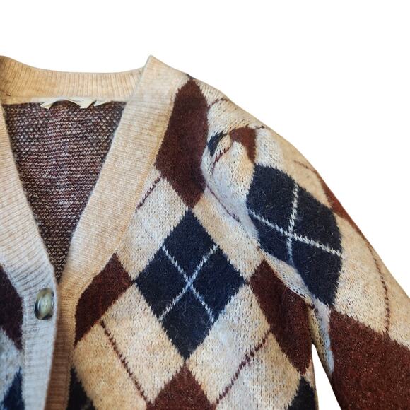 RD Style Drop Shoulder Brown/tan/navy Argyle Button Up Sweater Sz XS - Picture 2 of 4